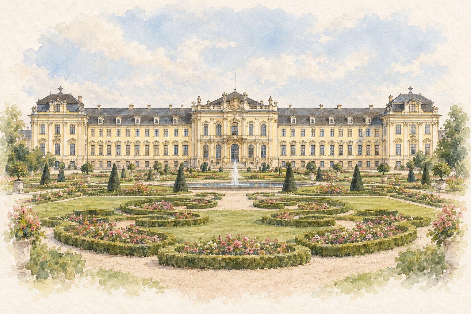 Aquarell des Residenzschlosses Ludwigsburg mit seinem barocken Garten